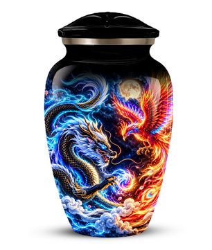 Blue Dragon and Phoenix Cremation Urn for Adult Ashes, Fantasy Bird Memorial Urn