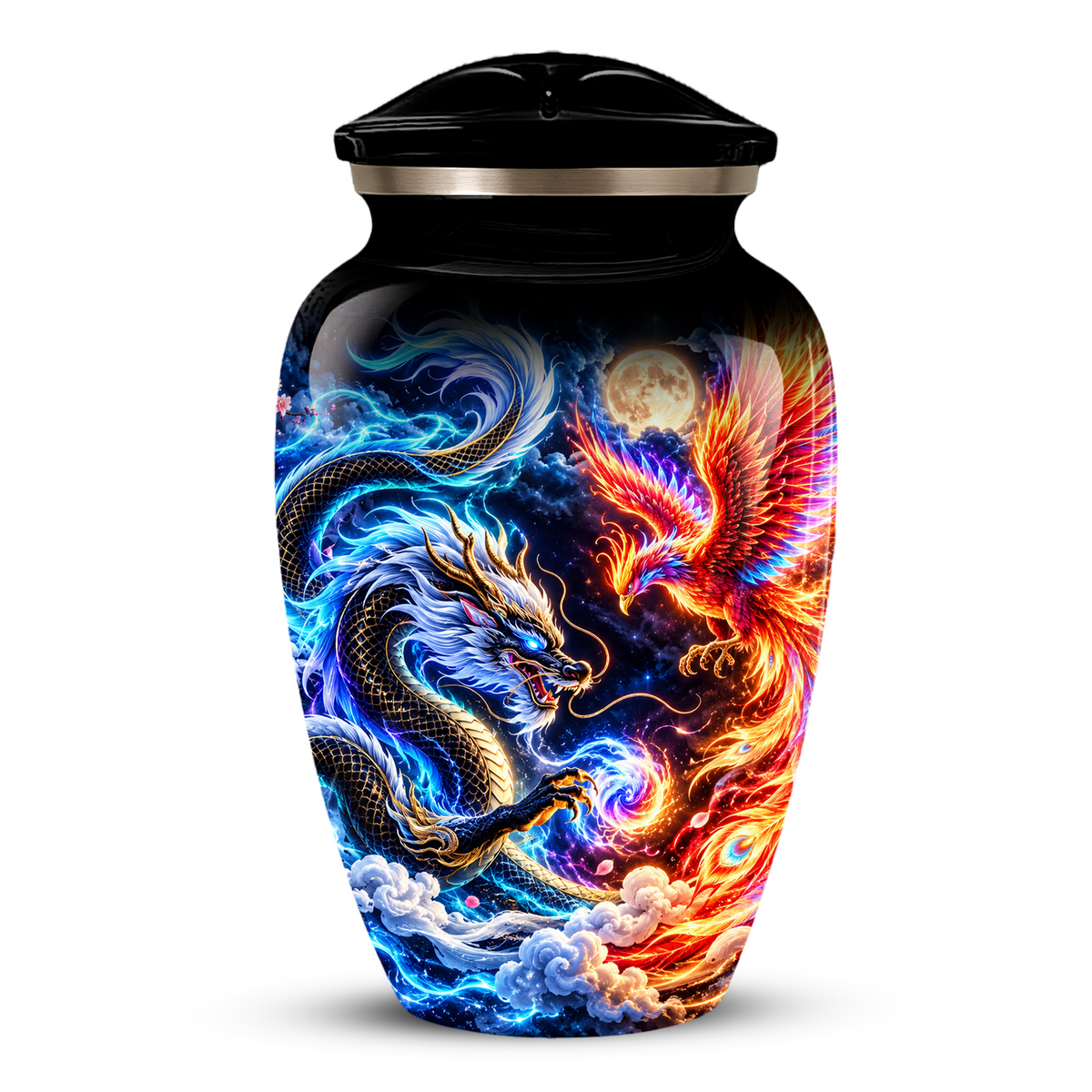 Blue Dragon and Phoenix Cremation Urn for Adult Ashes, Fantasy Bird Memorial Urn