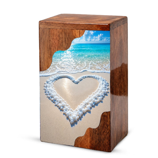 Heart in the Sand Wooden Cremation Urn – Personalized Memorial Urn for Human Ashes