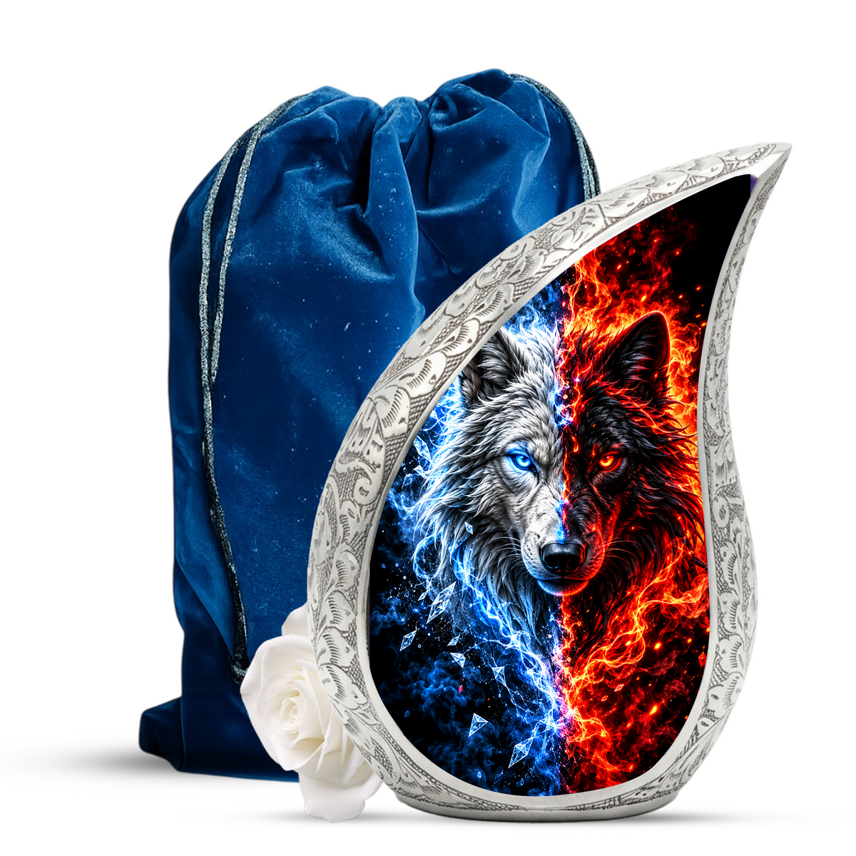 Fire and Ice Wolf Cremation Urn for Ashes, Dual Wolf Memorial Urn, Personalized Adult Cremation Urn