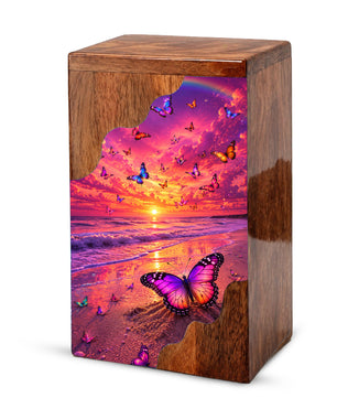 Butterfly Sunset Wooden Cremation Urn – Butterfly Memorial Urn for Human Ashes