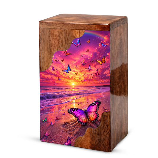 Butterfly Sunset Wooden Cremation Urn – Butterfly Memorial Urn for Human Ashes