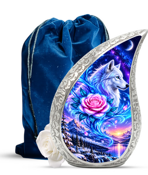 Wolf Adult Cremation Urn for Human Ashes, White Wolf and Pink Rose Memorial Urn