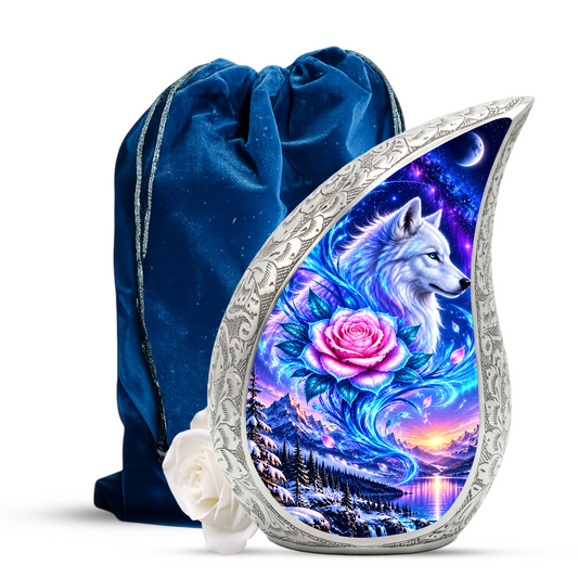 Wolf Adult Cremation Urn for Human Ashes, White Wolf and Pink Rose Memorial Urn