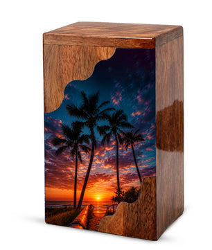 Beach Wooden Cremation Urn for Human Ashes | Tropical Sunset Memorial Urn