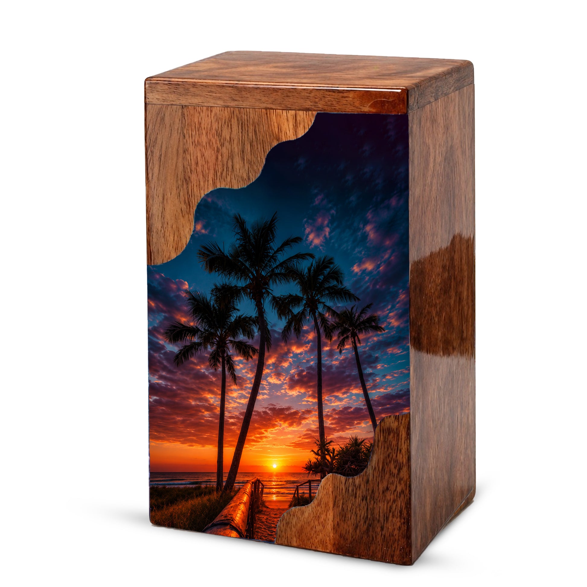 Beach Wooden Cremation Urn for Human Ashes | Tropical Sunset Memorial Urn