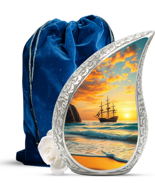Sunset Sailing Personalized Cremation Urn – Teardrop Style Aluminum Memorial Urn, 10 Inch