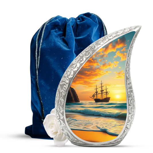 Sunset Sailing Personalized Cremation Urn – Teardrop Style Aluminum Memorial Urn, 10 Inch