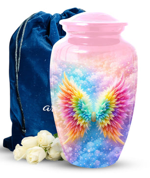 Angel Wings Urn for Mom, Rainbow Memorial Large Urn,Cremation Urn for Mama