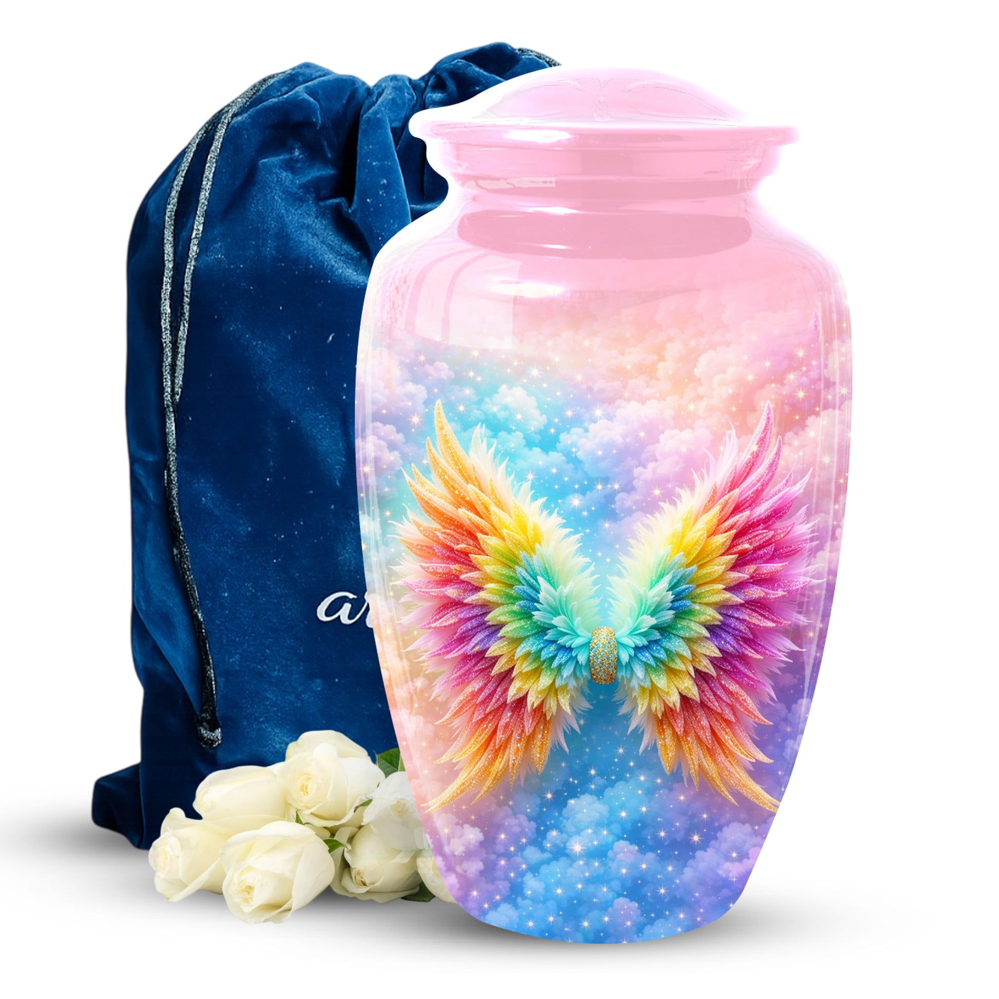Angel Wings Urn for Mom, Rainbow Memorial Large Urn,Cremation Urn for Mama