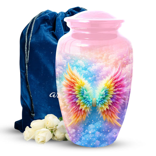 Angel Wings Urn for Mom, Rainbow Memorial Large Urn,Cremation Urn for Mama