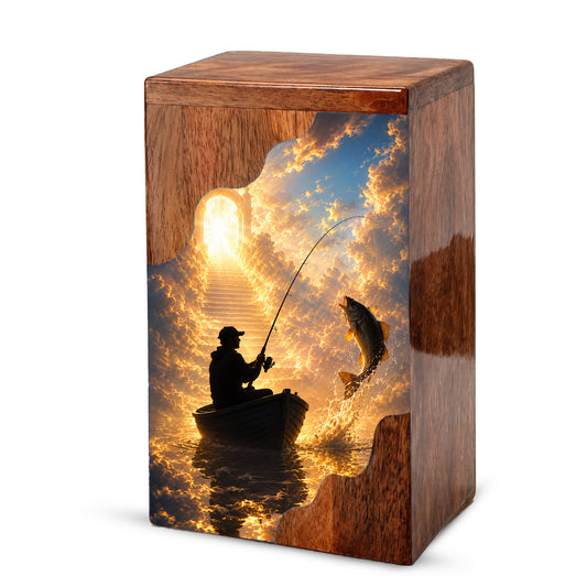 Heavenly Fishing Wooden Cremation Urn – Personalized Memorial Urn for Human Ashes