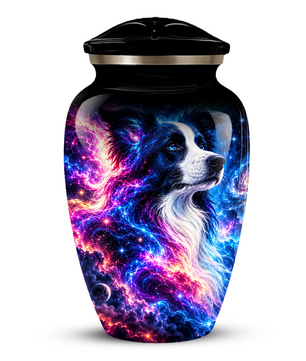 Cosmic Border Collie Cremation Urn for Adult Ashes, Black and White Dog Memorial Urn with Glowing Blue Pink Galaxy and Celestial Stars Artwork