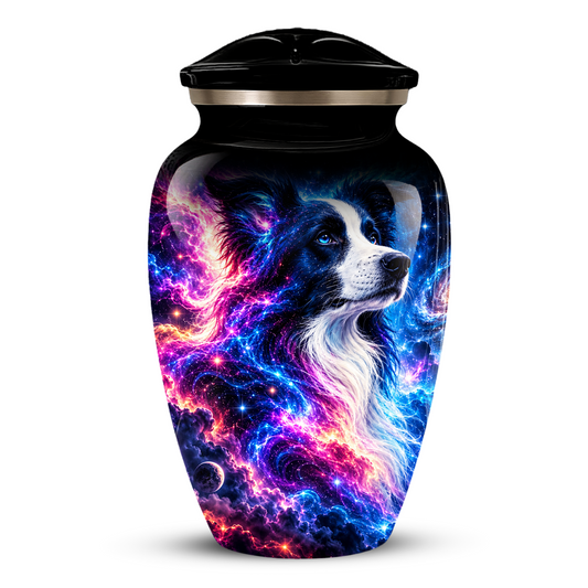 Cosmic Border Collie Cremation Urn for Adult Ashes, Black and White Dog Memorial Urn with Glowing Blue Pink Galaxy and Celestial Stars Artwork