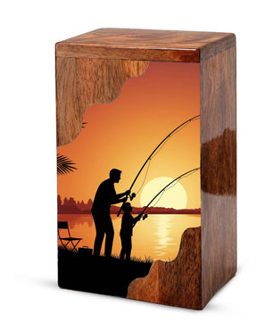 Golden Sunset Fishing Wooden Cremation Urn – Gone Fishing Memorial Wooden Urn for Human Ashes