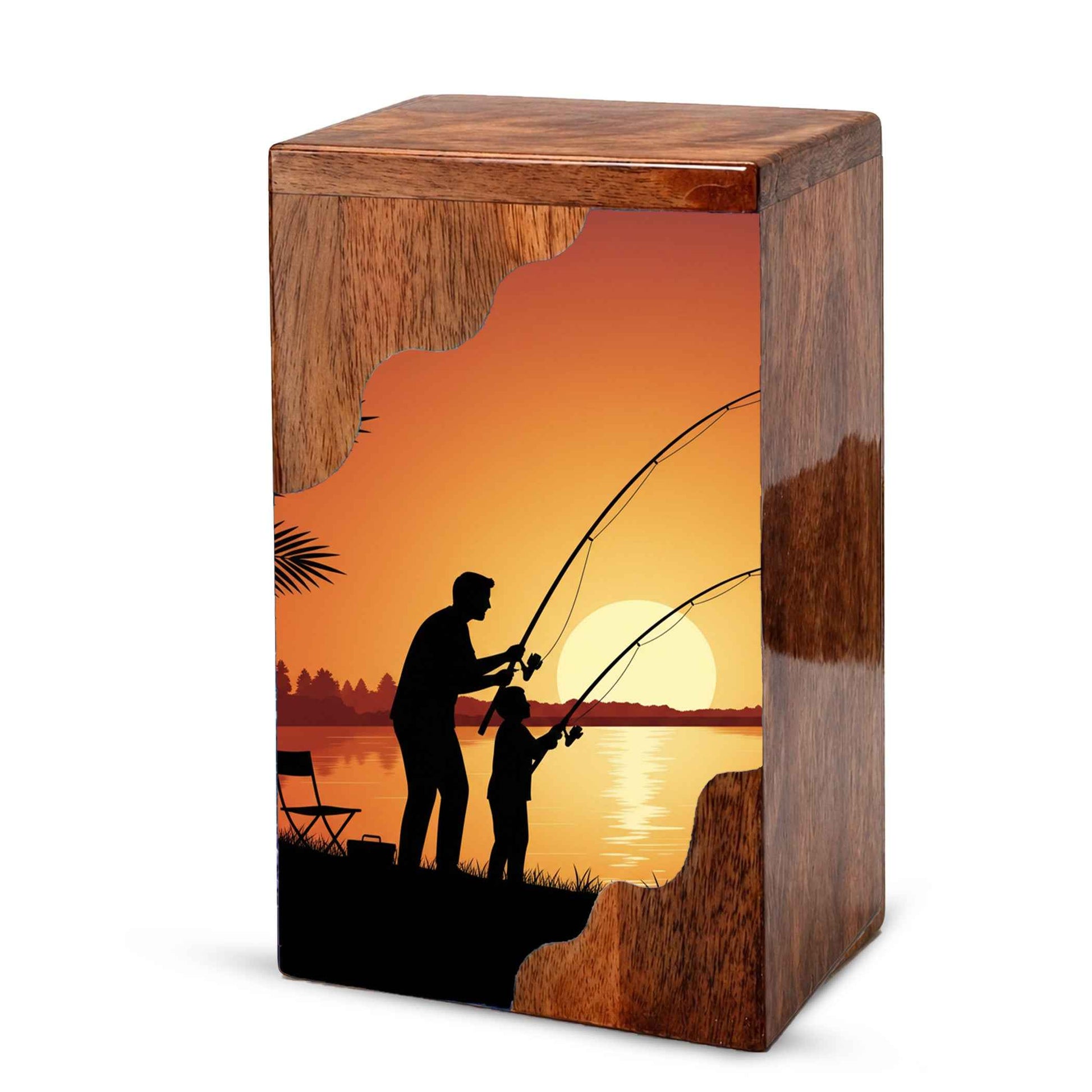 Golden Sunset Fishing Wooden Cremation Urn – Gone Fishing Memorial Wooden Urn for Human Ashes
