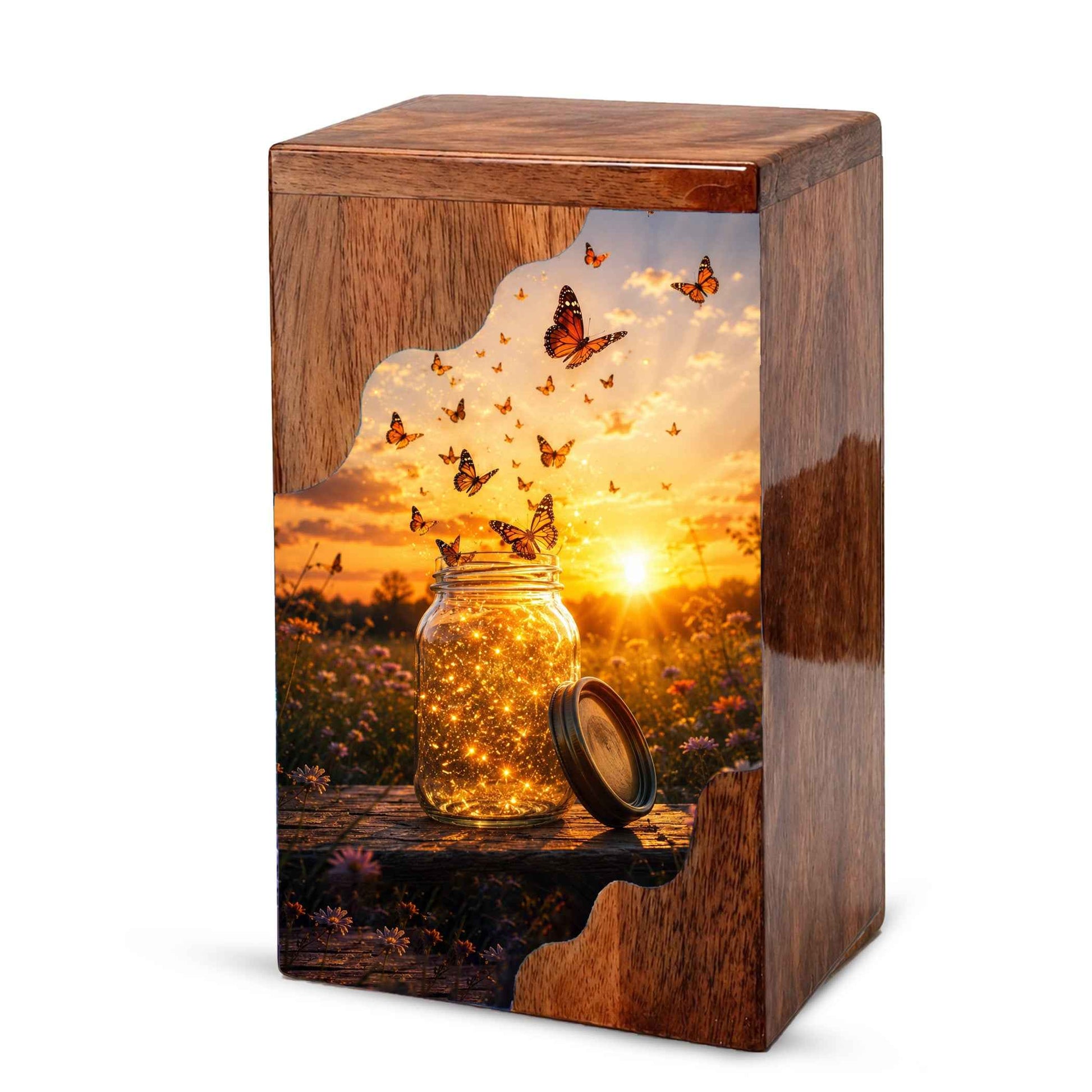 Butterfly Wooden Cremation Urn – Sunset Memorial Urn for Human Ashes