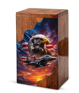 Military Eagle Wooden Cremation Urn for Human Ashes| American Flag Patriotic Funeral Urn