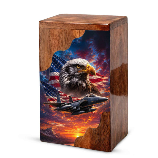 Military Eagle Wooden Cremation Urn for Human Ashes| American Flag Patriotic Funeral Urn