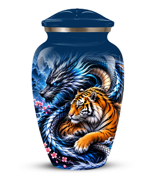 Blue Dragon and Tiger Cremation Urn for Adult Ashes, Fantasy Animal Memorial Urn