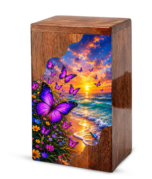 Purple Butterfly Beach Wooden Cremation Urn – Wooden Urn for Human Ashes