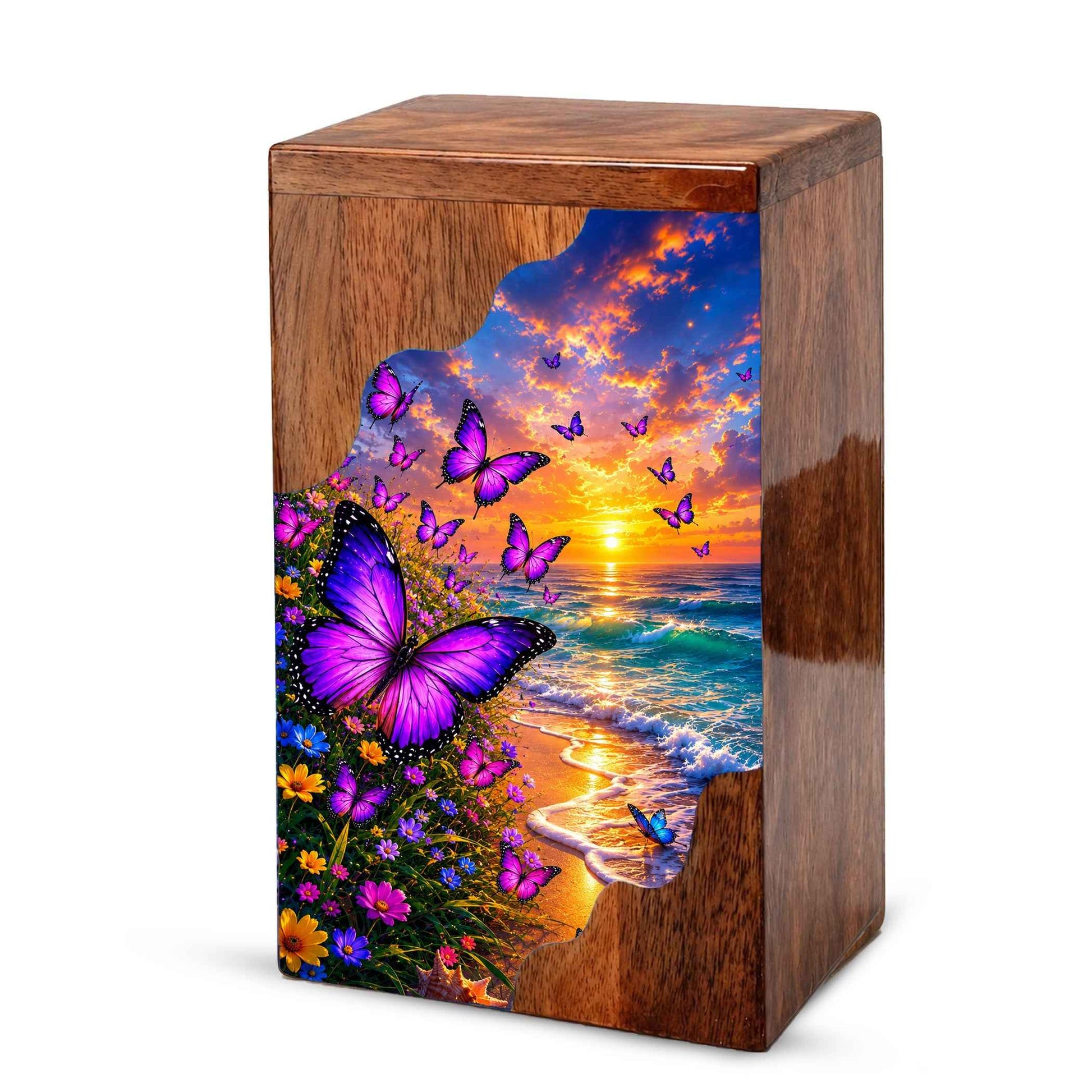 Purple Butterfly Beach Wooden Cremation Urn – Wooden Urn for Human Ashes