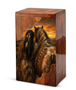Native Spirit Wooden Cremation Urn – Horse Memorial Urn for Human Ashes | Sunset Tribute Wooden Urn