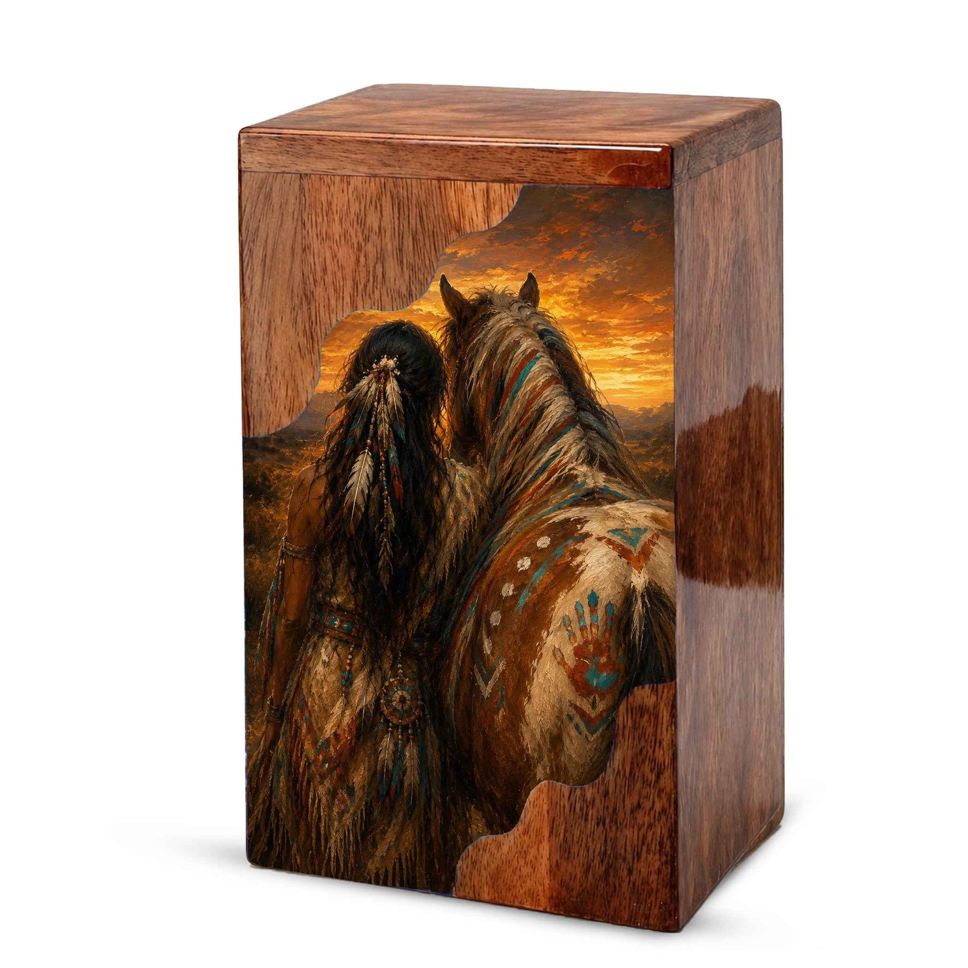 Native Spirit Wooden Cremation Urn – Horse Memorial Urn for Human Ashes | Sunset Tribute Wooden Urn