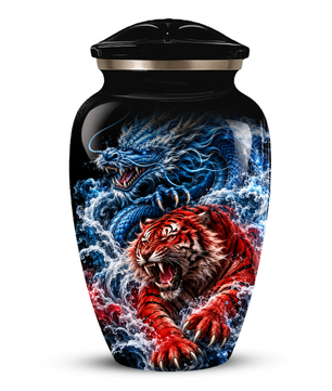 Personalized Adult Cremation Urn for Ashes, Custom Dragon and Tiger Memorial Urn, Blue Dragon Red Tiger Artwork