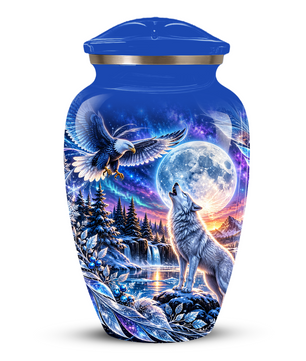 Personalized Adult Cremation Urn for Ashes, Custom Wolf and Eagle Memorial Urn, Blue Moonlight Fantasy Wildlife Design