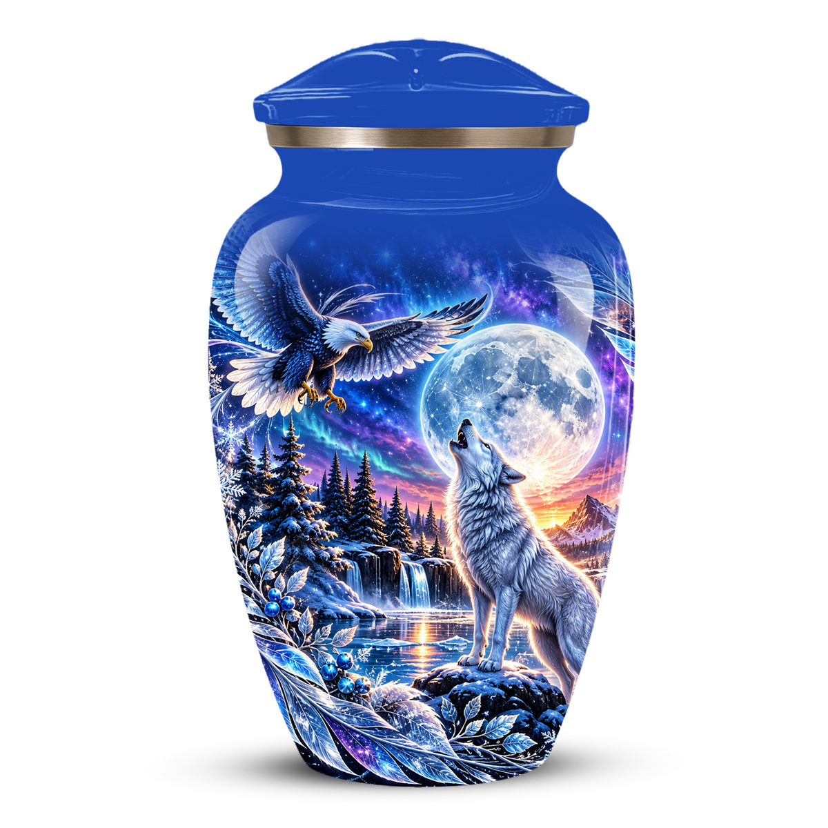 Personalized Adult Cremation Urn for Ashes, Custom Wolf and Eagle Memorial Urn, Blue Moonlight Fantasy Wildlife Design