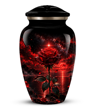 Red Rose Cremation Urn – Romantic Memorial Adult Urn for Ashes with Sunset Design