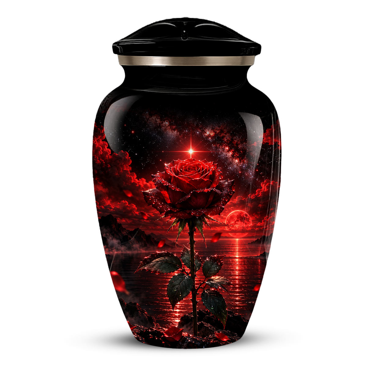 Red Rose Cremation Urn – Romantic Memorial Adult Urn for Ashes with Sunset Design