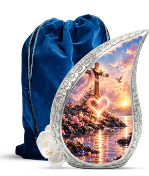 Christian Cross Cremation Urn for Adult Ashes, Sunset Memorial Urn with Dove and Glowing Heart, Religious Urn for Mom or Dad