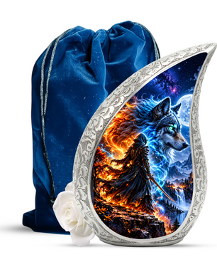 Wolf Warrior Urn for Human Ashes, Adult Cremation Urn with Blue and Fiery Wolf Artwork