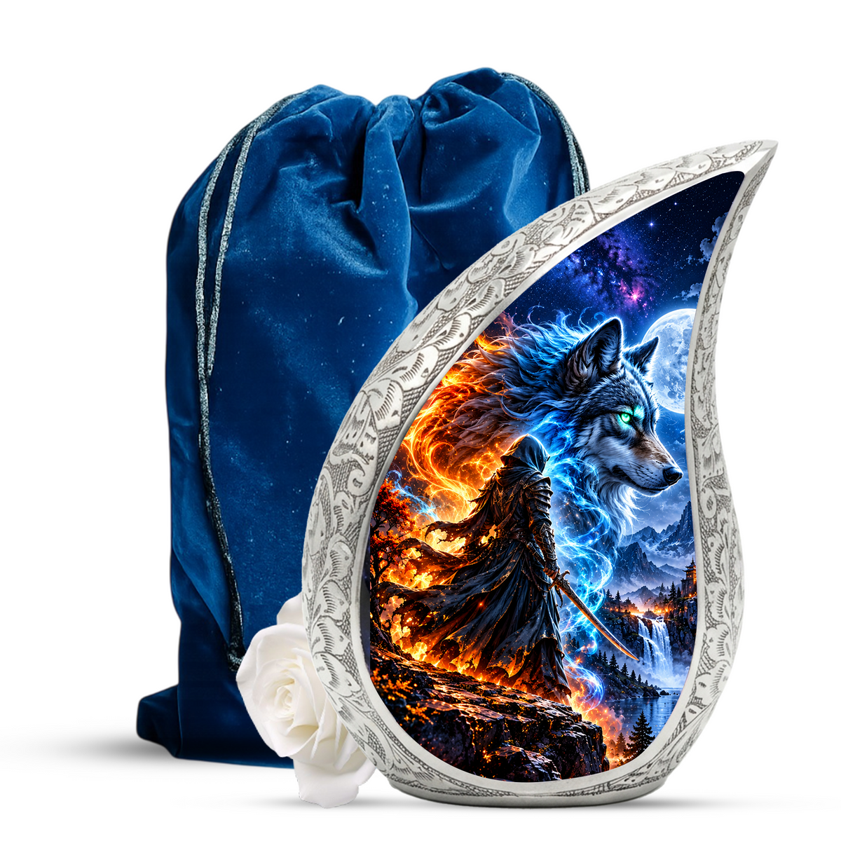 Wolf Warrior Urn for Human Ashes, Adult Cremation Urn with Blue and Fiery Wolf Artwork