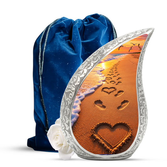 Beach Footprints Memorial Urn for Human Ashes – Personalized Cremation Urn | Heart in Sand Funeral Urn for Mom, Dad & Loved Ones