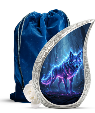 Mystic Wolf Personalized Cremation Urn – Teardrop Memorial Urn for Ashes | 10 Inch Aluminum Adult Urn