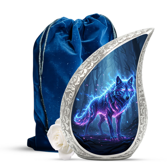 Mystic Wolf Personalized Cremation Urn – Teardrop Memorial Urn for Ashes | 10 Inch Aluminum Adult Urn