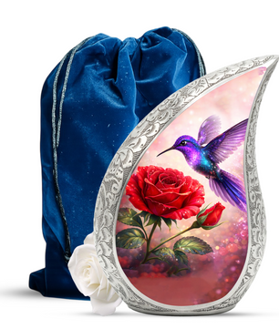 Hummingbird Rose Personalized Cremation Urn – Teardrop Style Aluminum Memorial Urn, 10 Inch