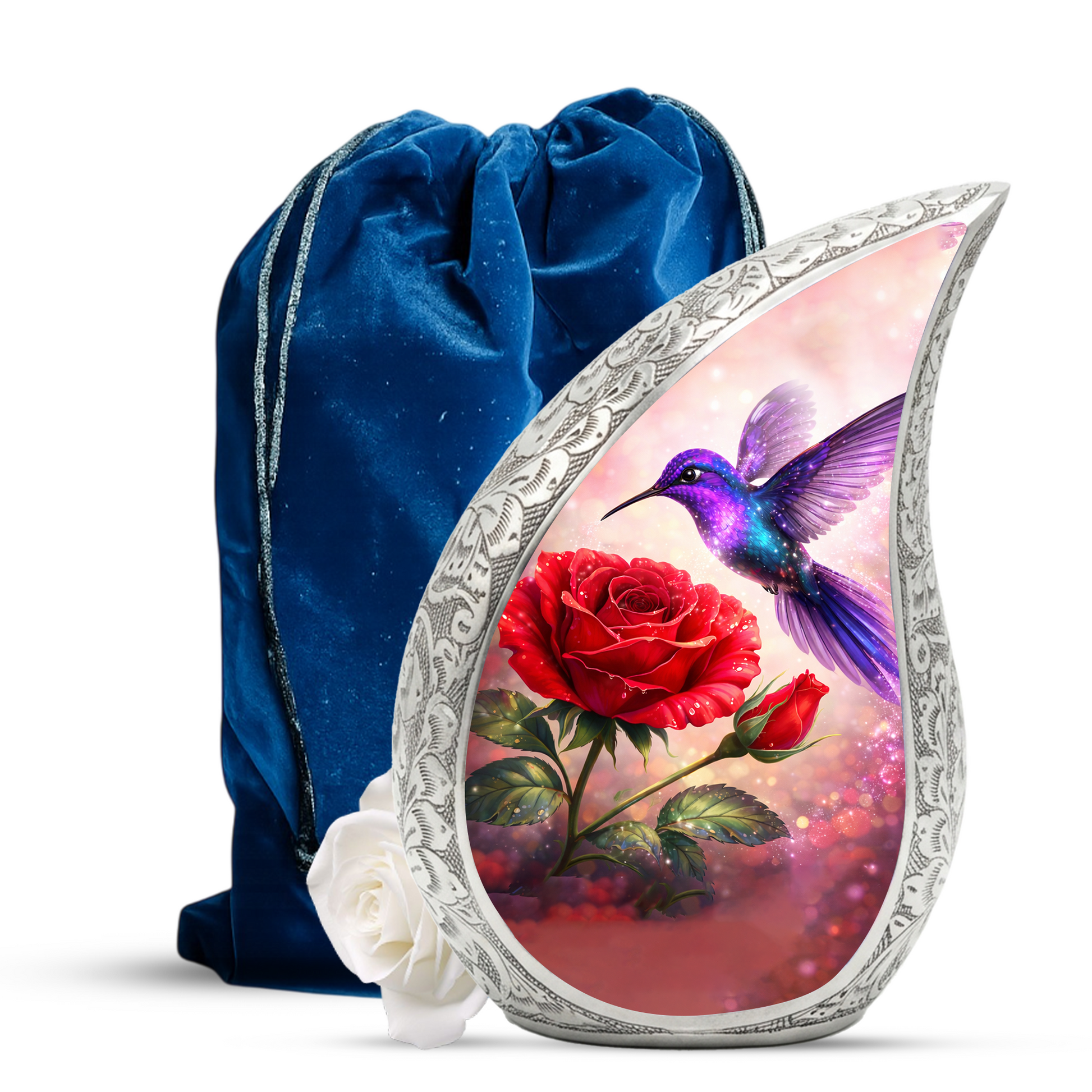 Hummingbird Rose Personalized Cremation Urn – Teardrop Style Aluminum Memorial Urn, 10 Inch