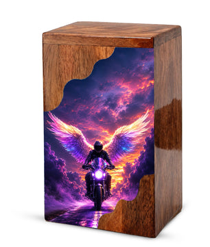 Motorcycle Angel Wings Wooden Cremation Urn – Ride Free Memorial Urn for Human Ashes