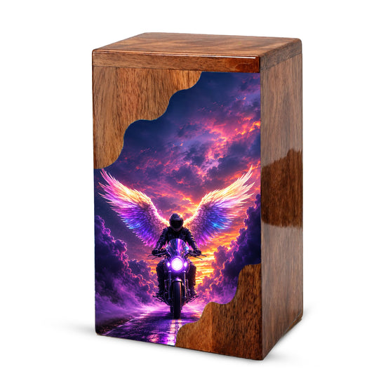 Motorcycle Angel Wings Wooden Cremation Urn – Ride Free Memorial Urn for Human Ashes