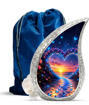 Butterfly Heart Urn for Human Ashes – Beautiful Butterfly Cremation Urn for Ashes, Heart-Shaped Memorial Urn with Butterflies