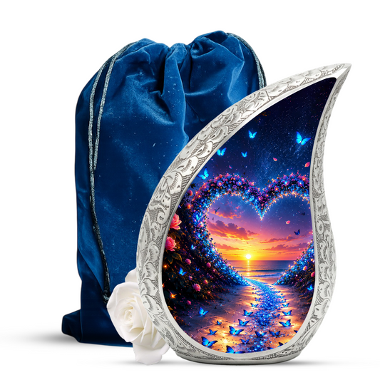Butterfly Heart Urn for Human Ashes – Beautiful Butterfly Cremation Urn for Ashes, Heart-Shaped Memorial Urn with Butterflies