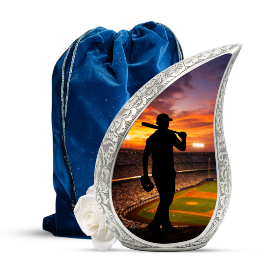 Baseball Personalized Cremation Urn – Teardrop Style Aluminum Memorial Urn, 10 Inch