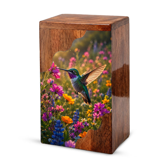 Green Hummingbird Wooden Cremation Urn – Wildflower Memorial Wooden Urn for Human Ashes