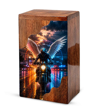 Motorcycle Wooden Cremation Urn – Memorial Urn for Dad Ashes | Biker Angel Wings Wooden Urn