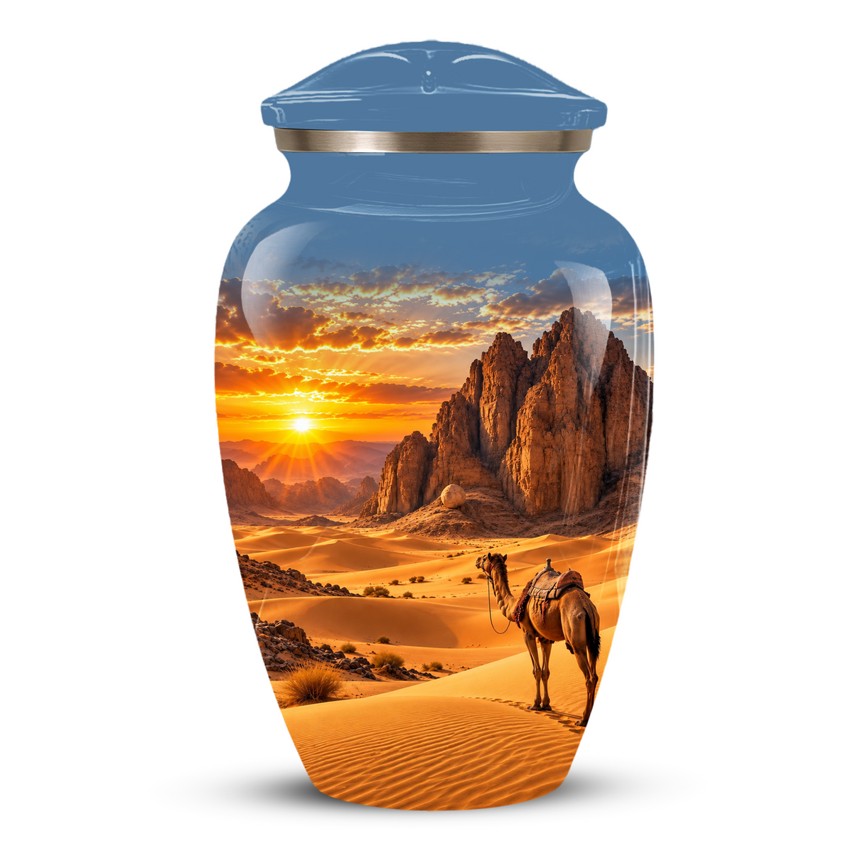 Adult Cremation Urn for Ashes, Personalized Desert Camel Aluminum Urn, Sunset Mountain Memorial Urn