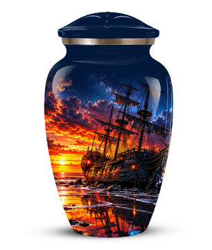 Personalized Pirate Ship Cremation Urn for Ashes, Sunset Ship Adult Memorial Urn